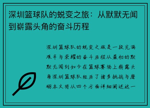深圳篮球队的蜕变之旅：从默默无闻到崭露头角的奋斗历程
